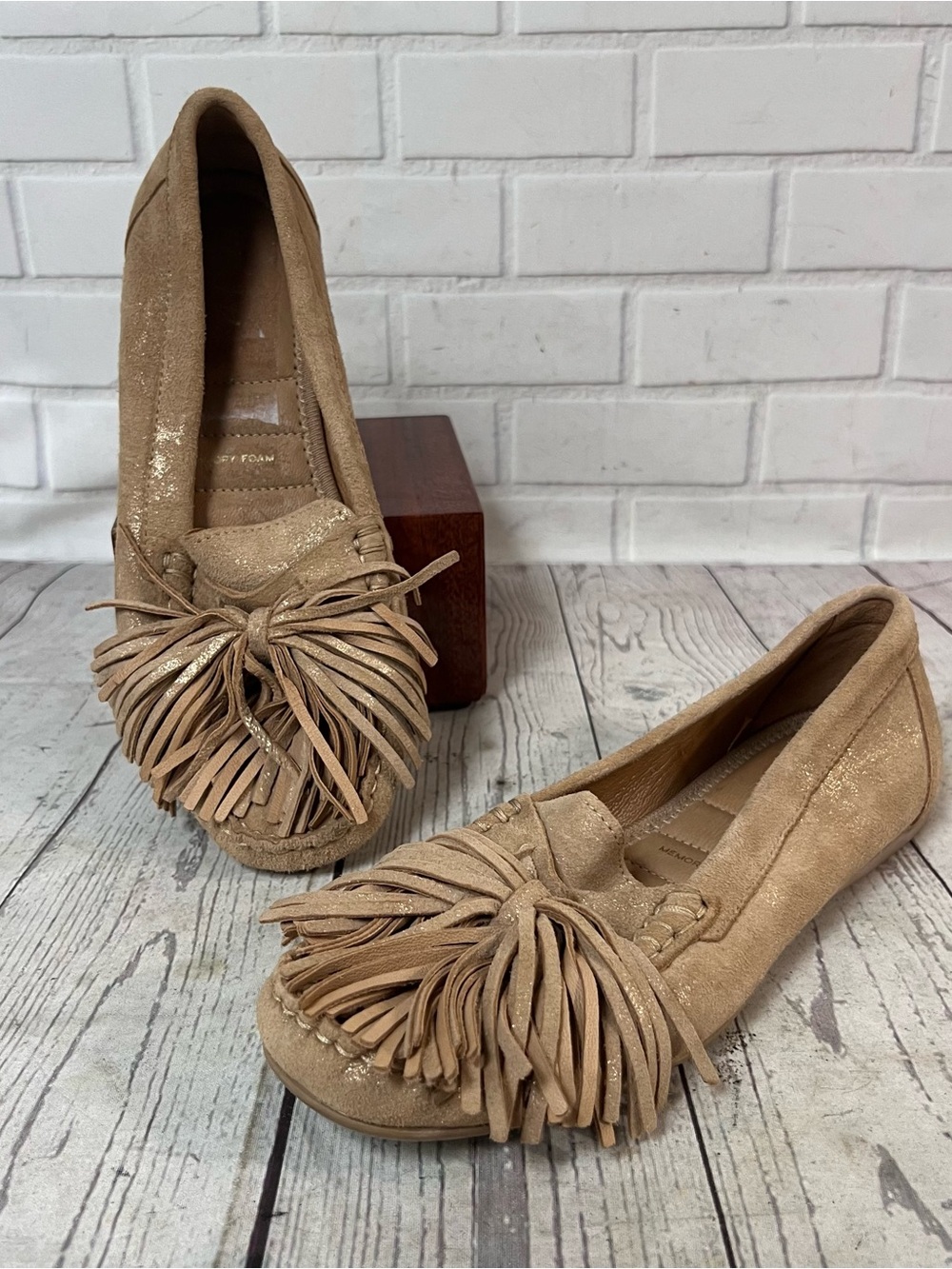 Flag LTD Nicole Suede Fringe Loafers Women sz 6 Tan Moccasin Leather Flats Boho
